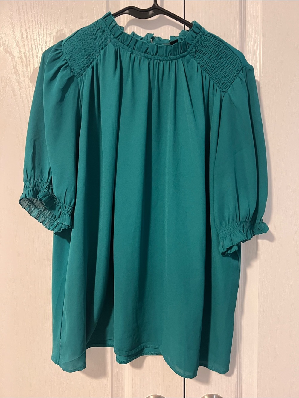 Ann Taylor Teal Smocked Yoke Puff Sleeve Tunic